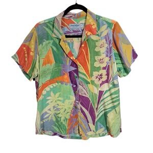 Jams World Shirt Womens Medium Floral Hawaii Rayon USA Button Up Rainglow VTG